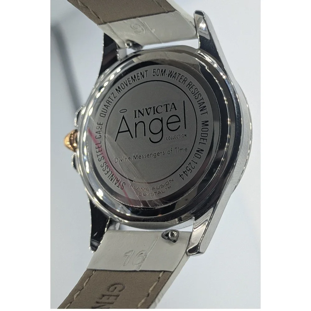 Invicta Angel Watch White 33mm Silver Rose Golden Diamond Leather Straps 12544